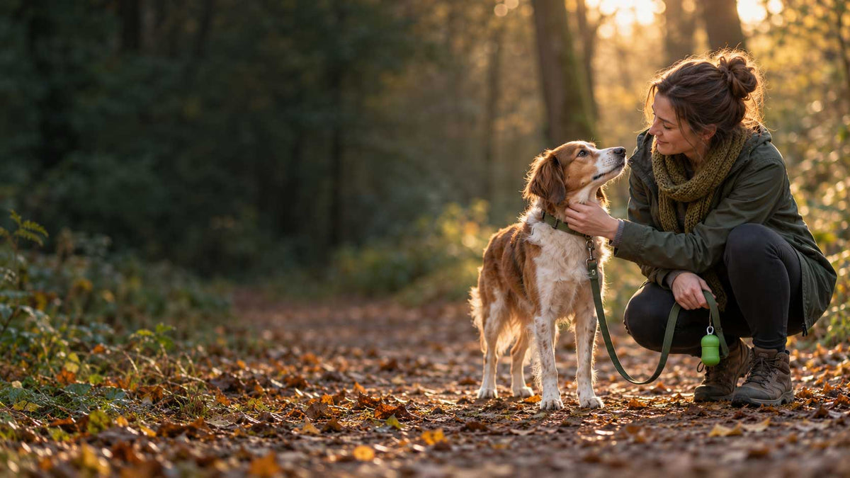 Halterin streichelt ihren Hund auf einem herbstlichen Waldweg, am Leinengriff ein Kotbeutelspender