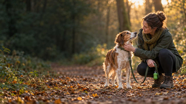 Halterin streichelt ihren Hund auf einem herbstlichen Waldweg, am Leinengriff ein Kotbeutelspender