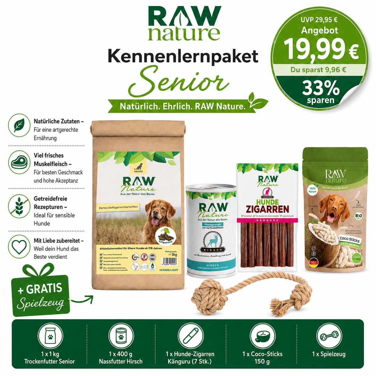 Kennenlernpaket Senior - Trockenfutter, Nassfutter und Hundeleckerli + GRATIS Spielzeug