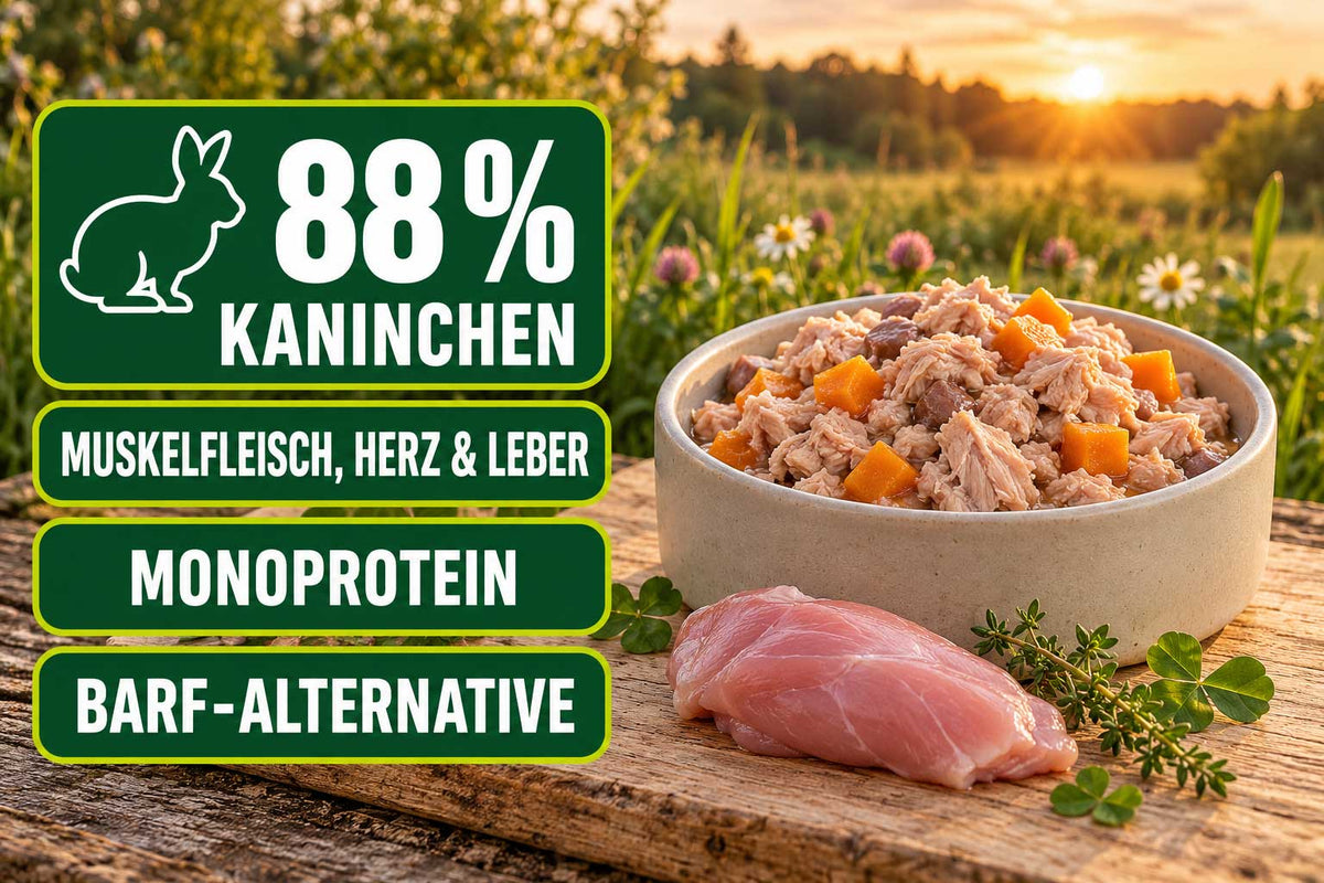 Nassfutter mit Kaninchen im Napf neben rohem Kaninchenfleisch – Monoprotein mit 88 % Kaninchen