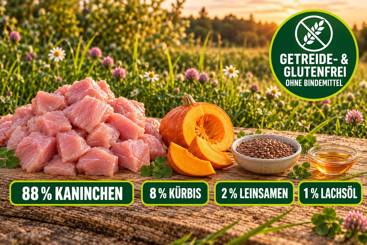 Kaninchen, Kürbis, Leinsamen und Lachsöl – Zutaten des getreidefreien Nassfutters Kaninchen von RAW Nature