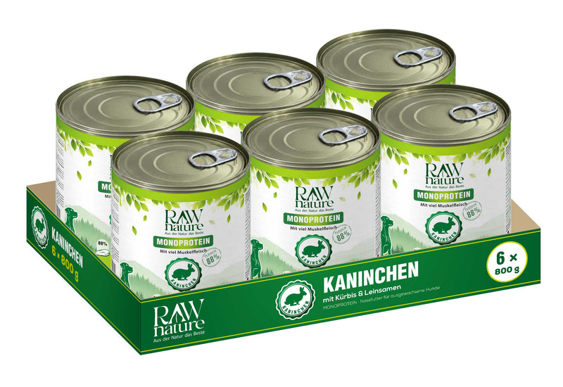 RAW Nature Nassfutter Kaninchen – 6 × 800 g Dosen im Tray