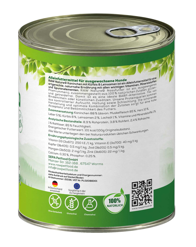 Zusammensetzung und Analysewerte – RAW Nature Nassfutter Kaninchen 800 g