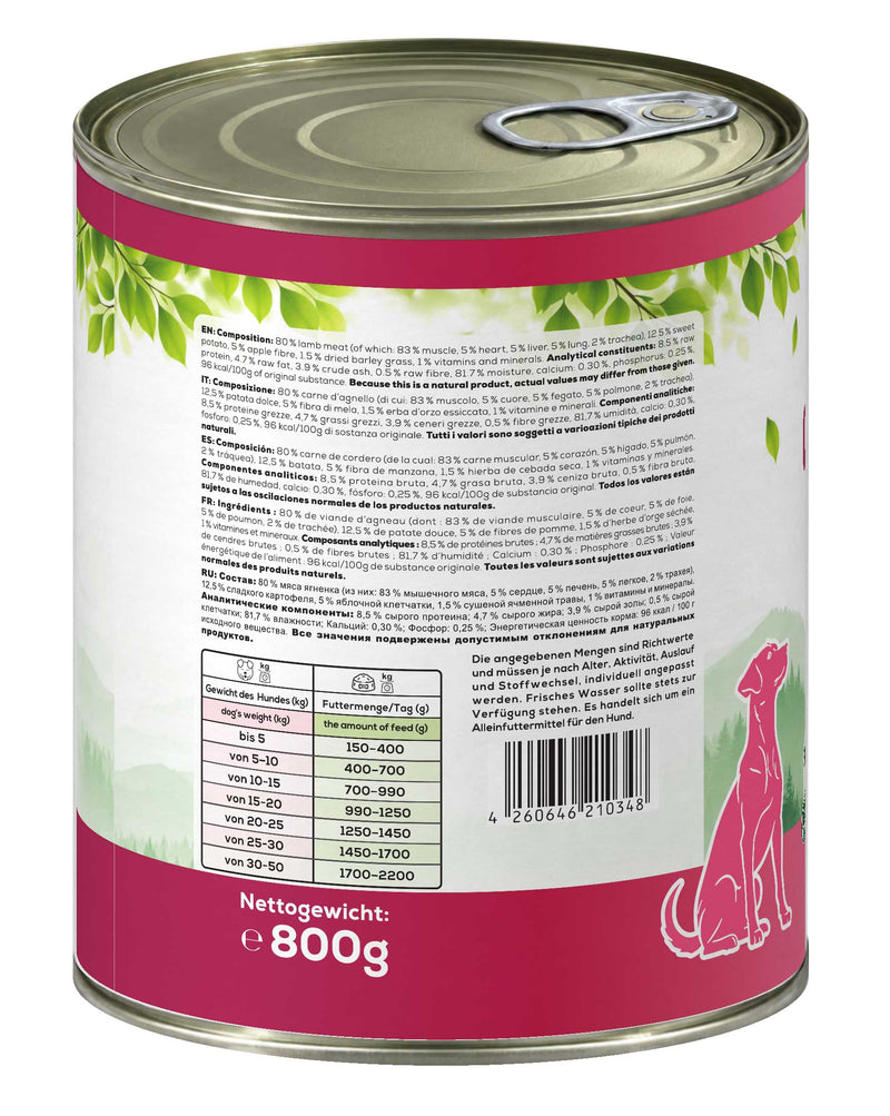 Fütterungsempfehlung auf der Dose – RAW Nature Nassfutter Lamm 800 g