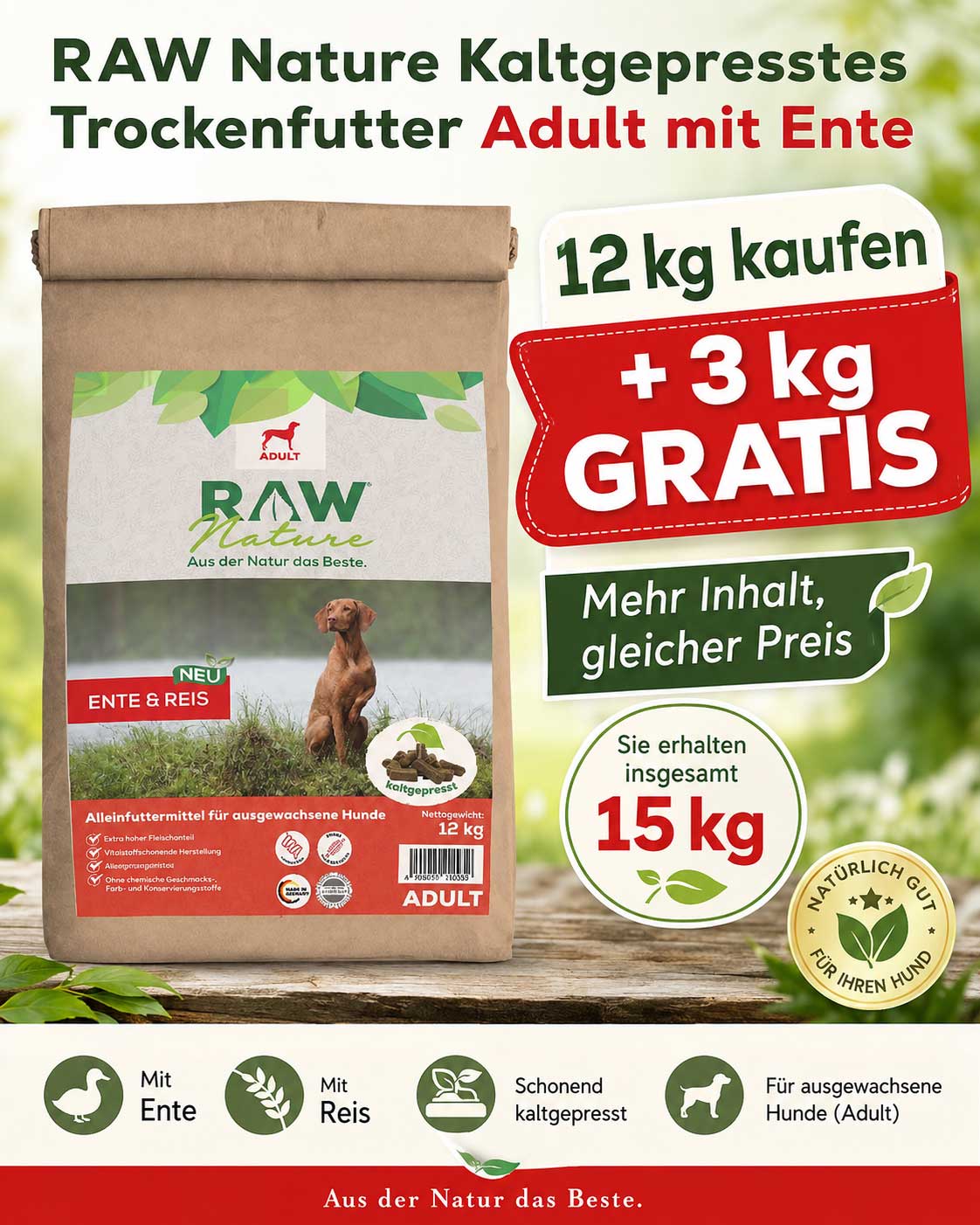 Kaltgepresstes Trockenfutter Adult mit Ente 12kg + 3kg GRATIS