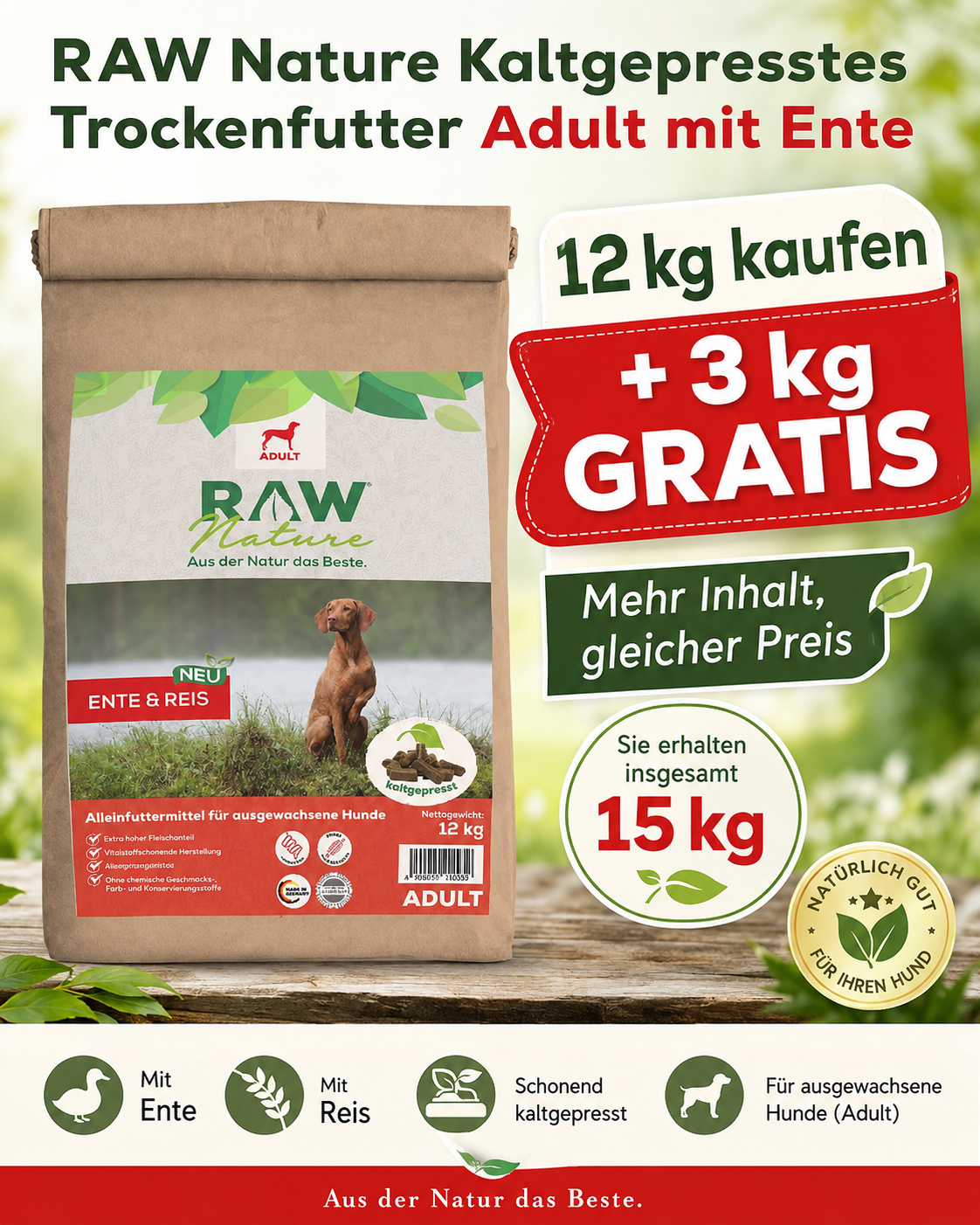 Kaltgepresstes Trockenfutter Adult mit Ente 12kg + 3kg GRATIS