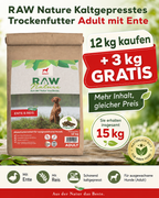 Kaltgepresstes Trockenfutter Adult mit Ente 12kg + 3kg GRATIS