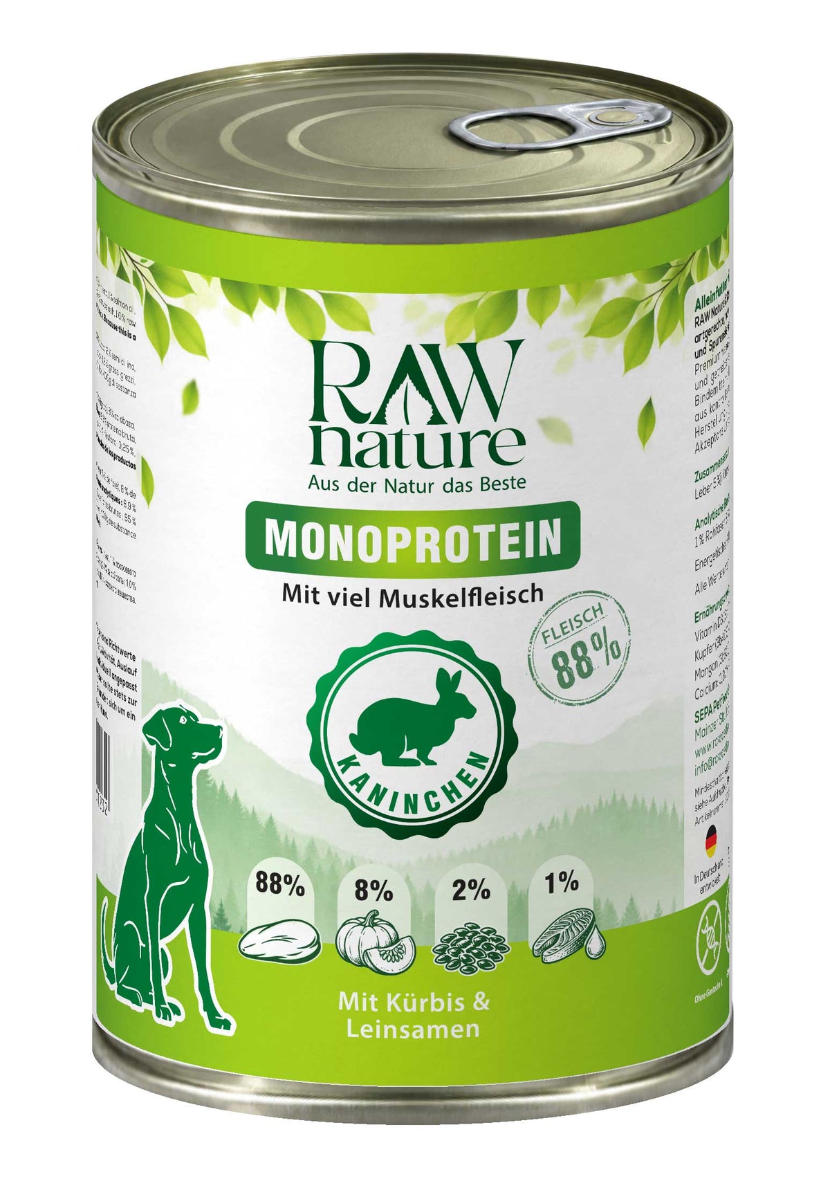RAW Nature Nassfutter Kaninchen 400 g – Monoprotein-Hundefutter mit 88 % Kaninchen