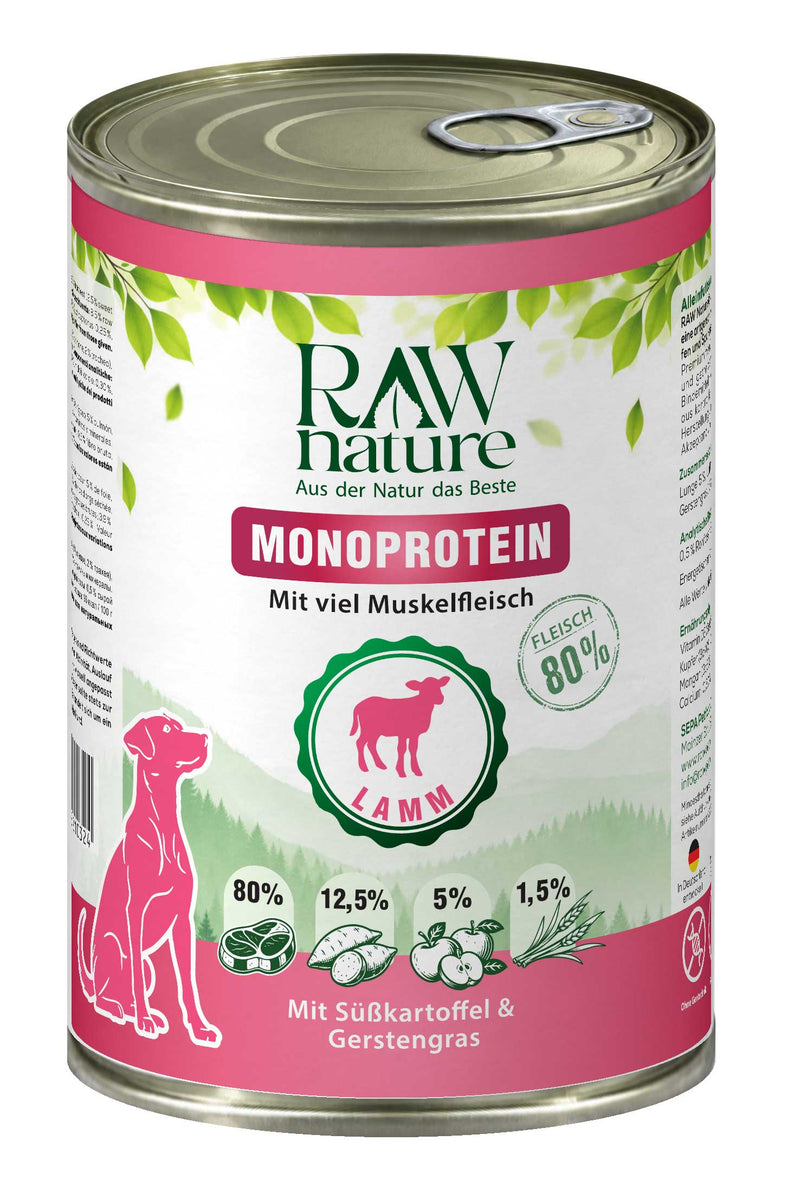 RAW Nature Nassfutter Lamm 400 g – Monoprotein-Hundefutter mit 80 % Lamm