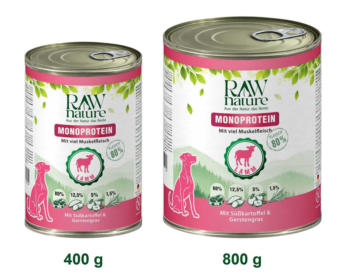 RAW Nature Nassfutter Lamm mit Süßkartoffel & Gerstengras – 400-g- und 800-g-Dose