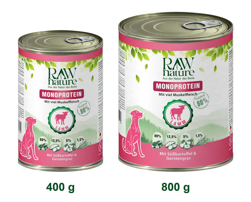 RAW Nature Nassfutter Lamm mit Süßkartoffel & Gerstengras – 400-g- und 800-g-Dose
